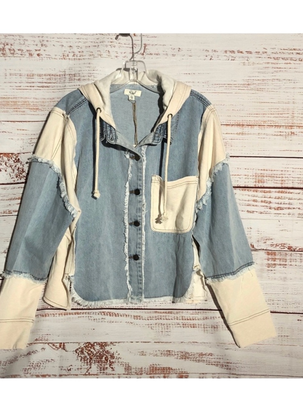 Easel Two-Tone Denim & Cream Terry Hooded Jacket Lightweight NWOT size LG Soft!